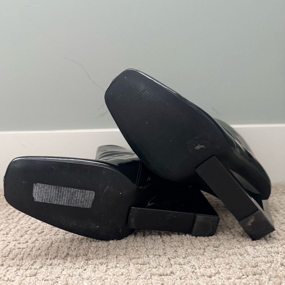 River Island Patent Ankle Boots Black Architectural Block Heel Booties Size 8 - Picture 5 of 7